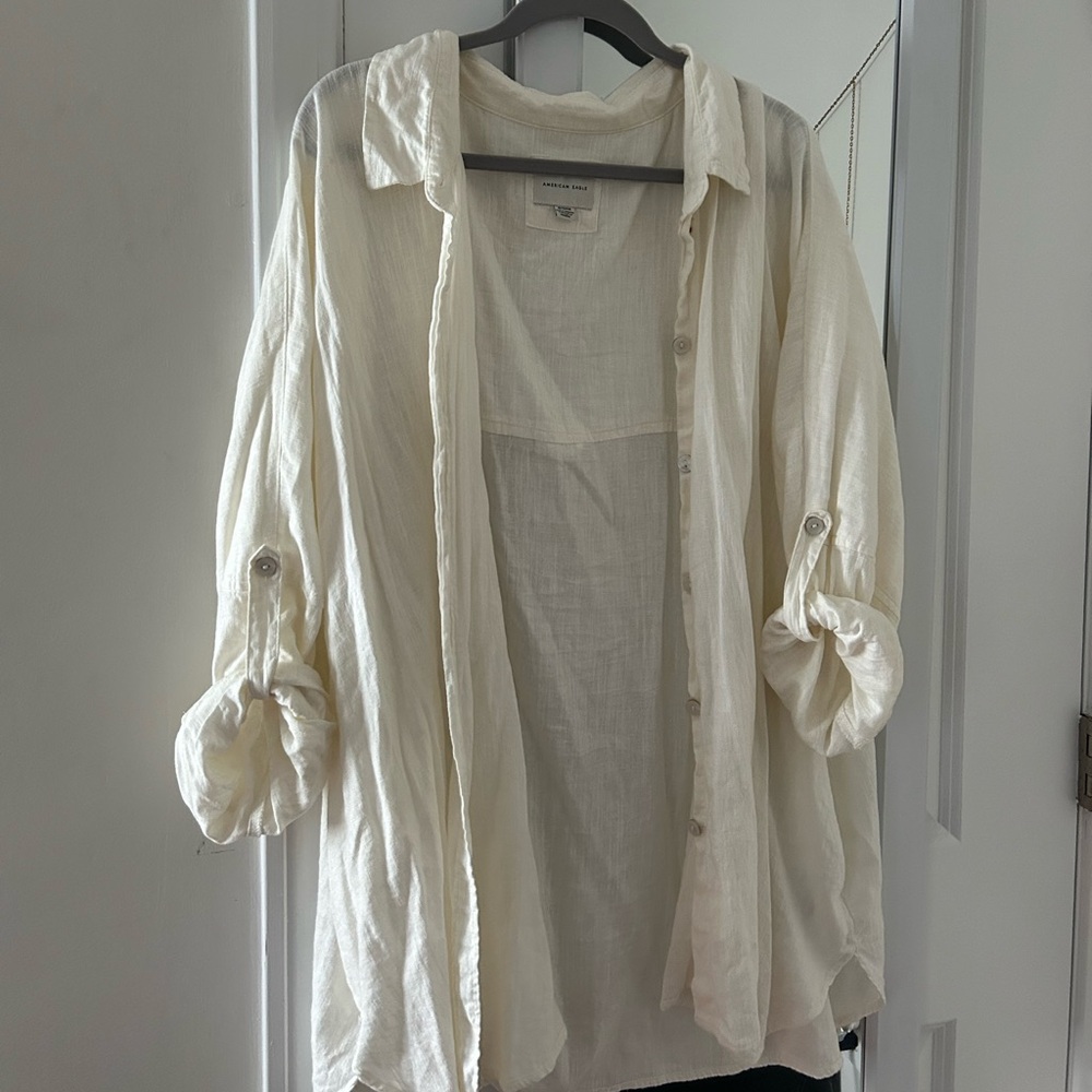 Aerie oversized cream linen blend button-up